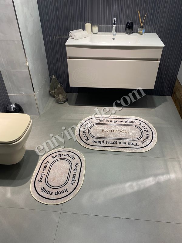 (bej) Bathroom Yazılı Desenli 2&#039;li Kaymaz Taban Su Geçirmez Banyo Paspas Takımı (60X100 - 60X50) BEJ Fiyatları, Özellikleri ve Yorumları - 3