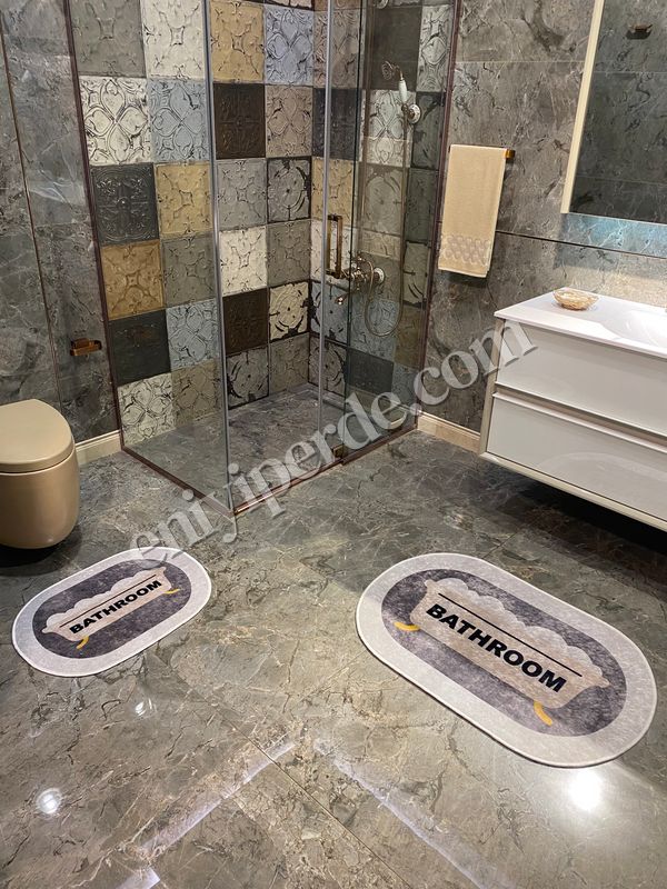 (acik-gri) Bathroom Yazılı Desenli 2&#039;li Kaymaz Taban OVAL  Banyo Paspas Takımı (60X100 - 60X50) BEJ-GRİ Fiyatları, Özellikleri ve Yorumları - 1