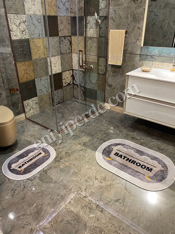 (acik-gri) Bathroom Yazılı Desenli 2&#039;li Kaymaz Taban OVAL  Banyo Paspas Takımı (60X100 - 60X50) BEJ-GRİ Fiyatları, Özellikleri ve Yorumları - 4