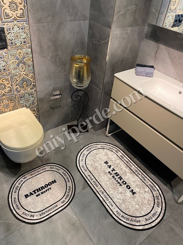 (bej) Bathroom Yazılı OVAL  2&#039;li Kaymaz Taban Banyo Paspas Takımı (60X100 - 60X50) Bej Fiyatları, Özellikleri ve Yorumları - 2