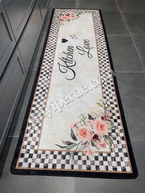 (bej) New Collection Özel Kalın Kaymaz Tabanlı  Kitchen Love Yazılı Mutfak Halısı - BEJ  - SİYAH Fiyatları, Özellikleri ve Yorumları - 1