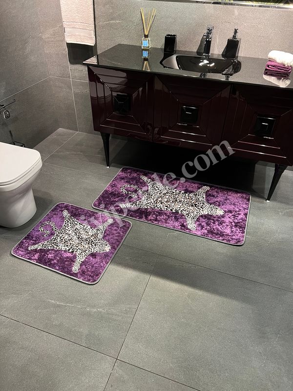 (mor) 2&#039;li Leopar Desen  Banyo Paspası  - MOR  (60x100 - 60x50) Fiyatları, Özellikleri ve Yorumları - 1