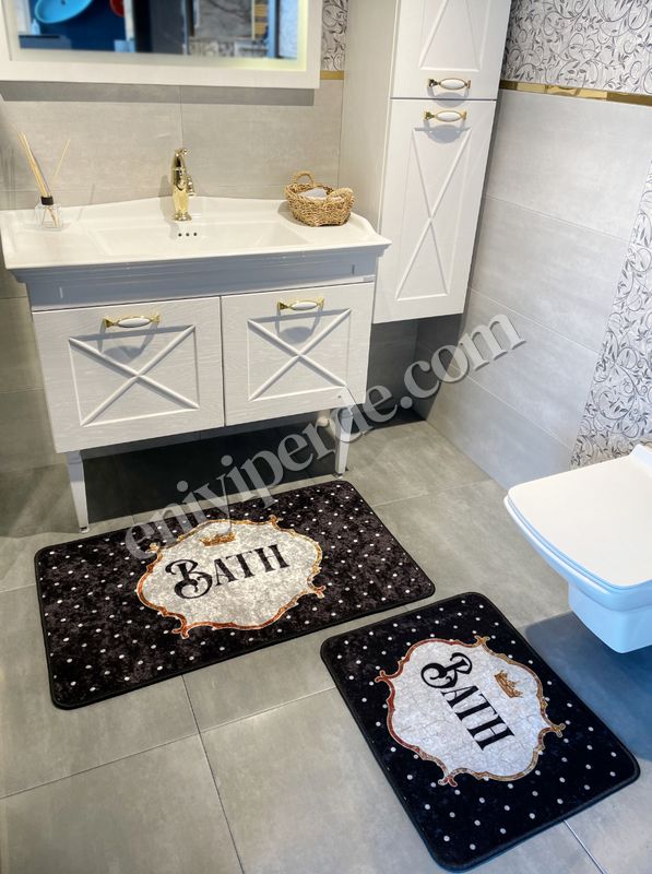 (siyah) 2&#039;li Bath Sloganlı Puantiyeli Banyo Paspası (Ebat 60X100 - 60X50) Fiyatları, Özellikleri ve Yorumları - 1