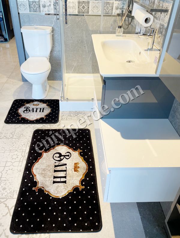 (siyah) 2&#039;li Bath Sloganlı Puantiyeli Banyo Paspası (Ebat 60X100 - 60X50) Fiyatları, Özellikleri ve Yorumları - 3