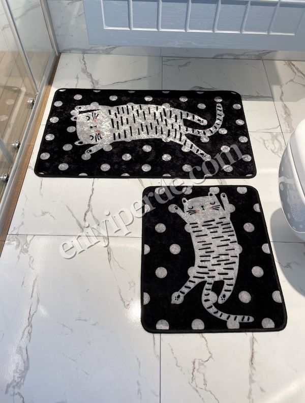 (siyah) 2&#039;li Cat Kedi Desenli Puantiyeli Banyo Paspası (Ebat 60X100 - 60X50) Fiyatları, Özellikleri ve Yorumları - 2