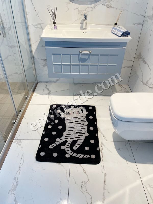 (siyah-tekli) Cat Kedi Desenli Puantiyeli Banyo Paspası Tekli (Ebat 80X120) Fiyatları, Özellikleri ve Yorumları - 4