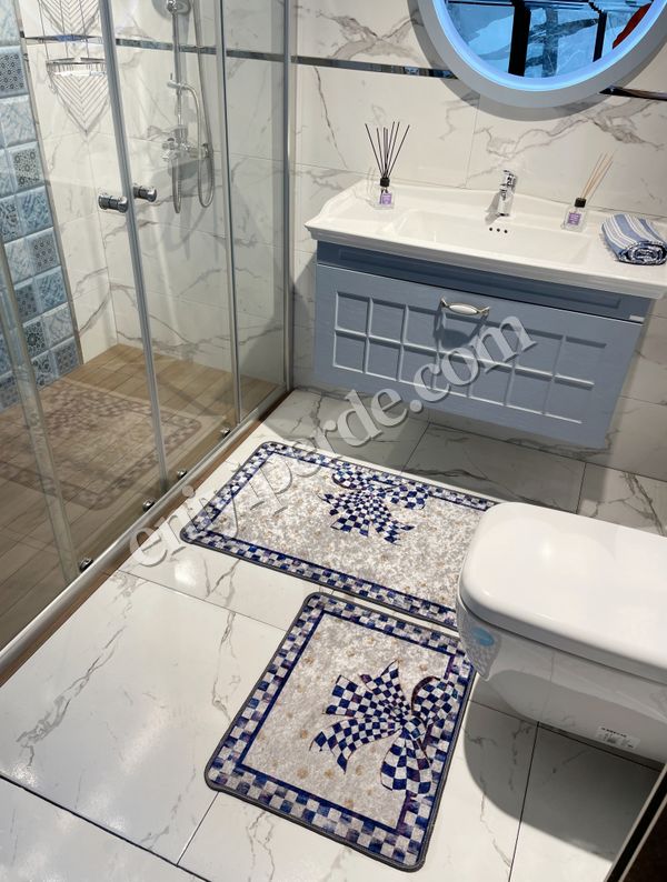 (mavi) Damalı Kurdela Desenli Banyo Paspası (60X100 - 60X50)  GRİ- MAVİ Fiyatları, Özellikleri ve Yorumları - 1