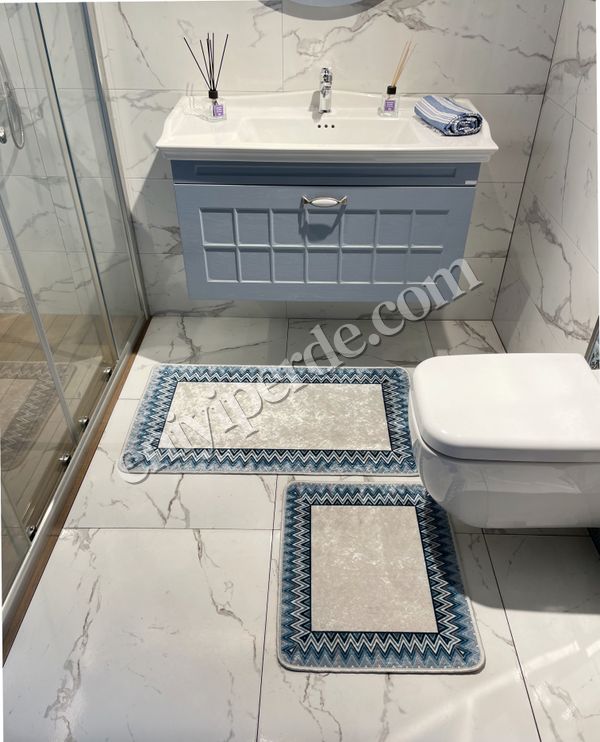 (mavi) Zigzag Desenli 2 li Banyo Paspas (60x100 - 60x50) Fiyatları, Özellikleri ve Yorumları - 1