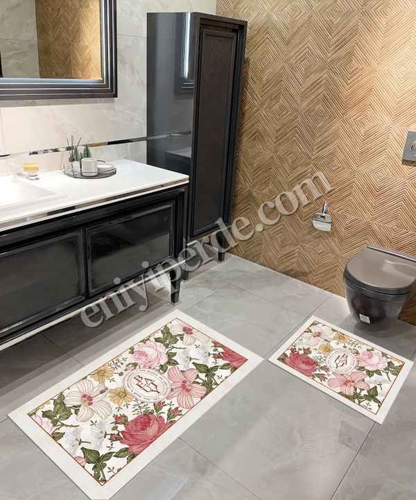 (bej) 2 li Çiçek Desenli 60x100 - 60x50 Beauty Lateks Taban Banyo Paspas Fiyatları, Özellikleri ve Yorumları - 1