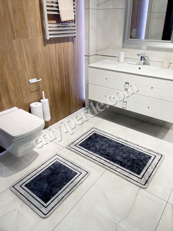 (lacivert) Çizgili Desenli 2&#039;li Lateks Deri Taban Banyo Paspas Takımı (60X100 - 60X50) Lacivert Gri Fiyatları, Özellikleri ve Yorumları - 2