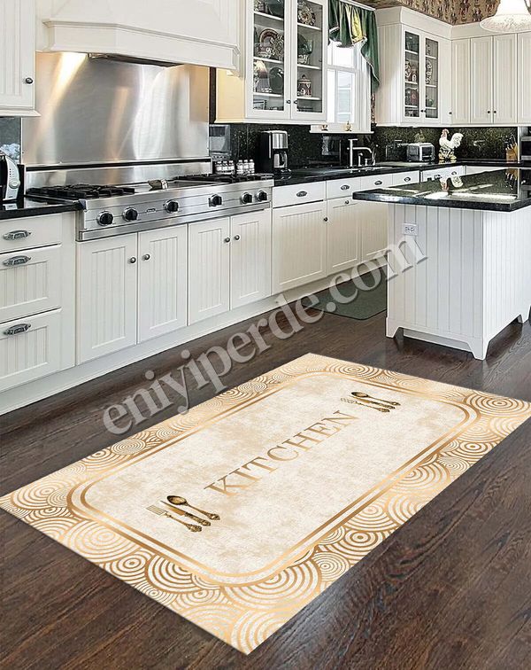 (bej) Bej Rengi Kitchen Yazılı Gold Detaylı Lateks Taban Halı Fiyatları, Özellikleri ve Yorumları - 1