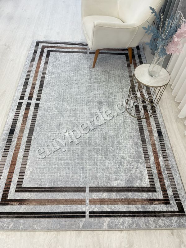 (gri) GRİ Renk Çizgi Desenli Kaymaz Taban Çerçeveli Halı Fiyatları, Özellikleri ve Yorumları - 4