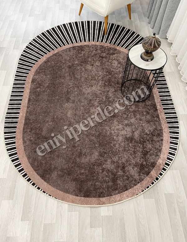 (kahverengi) KAHVERENGİ Renk Çizgili Oval Kaymaz Taban Halı Fiyatları, Özellikleri ve Yorumları - 5