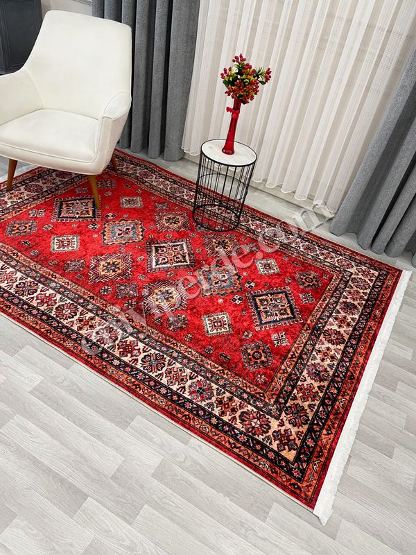 (kirmizi) Kilim Motifli SAÇAKLI Klasik Kaymaz Taban Halı Fiyatları, Özellikleri ve Yorumları - 2