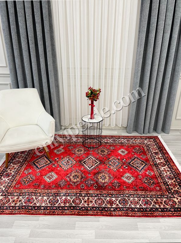 (kirmizi) Kilim Motifli SAÇAKLI Klasik Kaymaz Taban Halı Fiyatları, Özellikleri ve Yorumları - 5