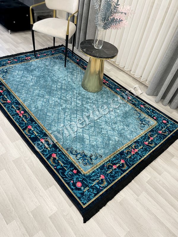 (lacivert) Çiçekli Bordürlü Lacivert Lateks Deri Taban Halı Fiyatları, Özellikleri ve Yorumları - 3