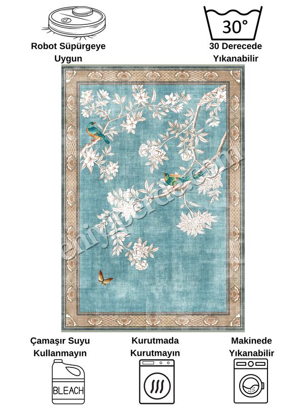 (mavi) Soft Mavi Kuş Desenli Bordürlü Kaydırmaz Halı Fiyatları, Özellikleri ve Yorumları - 7