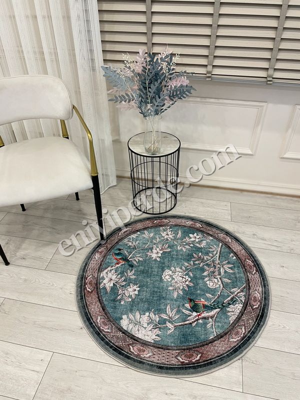 (mavi-daire) Soft Mavi Kuş Desenli Bordürlü Kaydırmaz Yuvarlak Halı Fiyatları, Özellikleri ve Yorumları - 2
