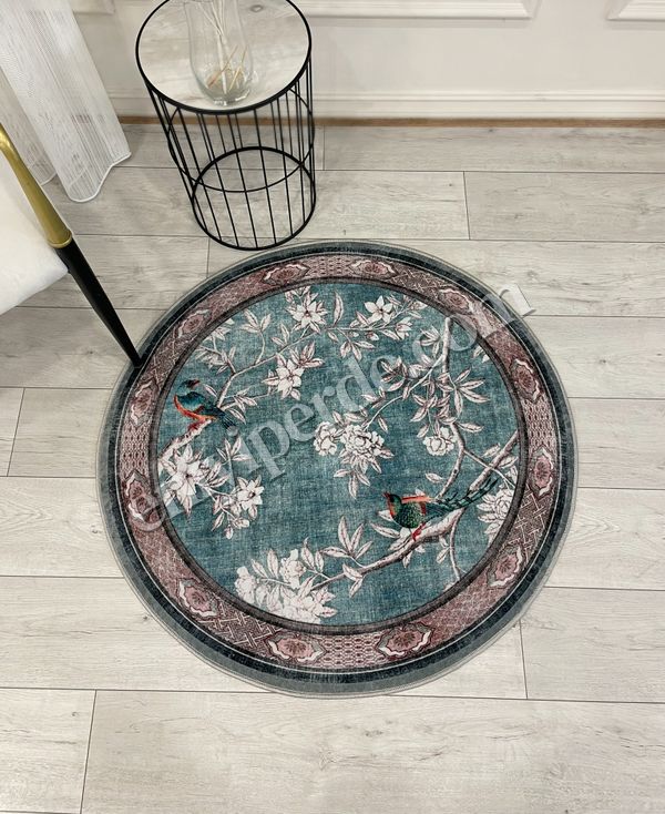 (mavi-daire) Soft Mavi Kuş Desenli Bordürlü Kaydırmaz Yuvarlak Halı Fiyatları, Özellikleri ve Yorumları - 3
