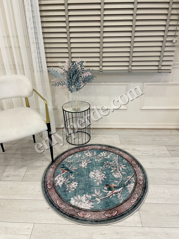(mavi-daire) Soft Mavi Kuş Desenli Bordürlü Kaydırmaz Yuvarlak Halı Fiyatları, Özellikleri ve Yorumları - 4