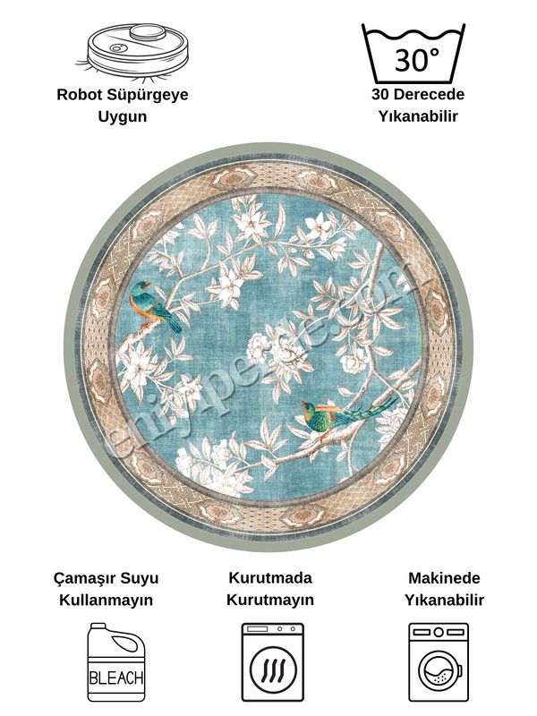 (mavi-daire) Soft Mavi Kuş Desenli Bordürlü Kaydırmaz Yuvarlak Halı Fiyatları, Özellikleri ve Yorumları - 7
