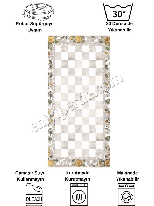 (bej) Bej Turuncu Dama Desenli Kaymaz Taban Mutfak Halısı Fiyatları, Özellikleri ve Yorumları - 7