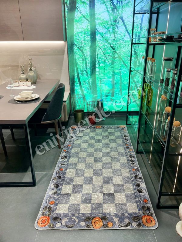 (gri) Gri Turuncu Dama Desenli Kaymaz Taban Mutfak Halısı Fiyatları, Özellikleri ve Yorumları - 5