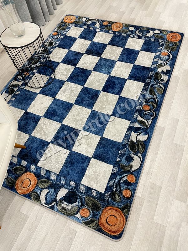 (mavi) Mavi Turuncu Dama Desenli Kaymaz Taban Mutfak Halısı Fiyatları, Özellikleri ve Yorumları - 2