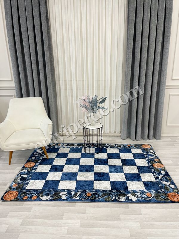 (mavi) Mavi Turuncu Dama Desenli Kaymaz Taban Mutfak Halısı Fiyatları, Özellikleri ve Yorumları - 3