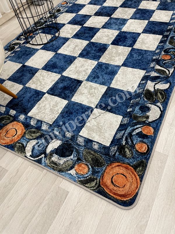 (mavi) Mavi Turuncu Dama Desenli Kaymaz Taban Mutfak Halısı Fiyatları, Özellikleri ve Yorumları - 4