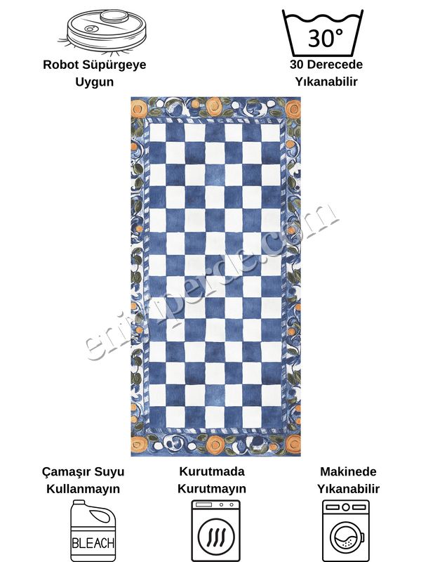 (mavi) Mavi Turuncu Dama Desenli Kaymaz Taban Mutfak Halısı Fiyatları, Özellikleri ve Yorumları - 7
