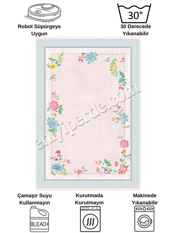 (mavi) Mavi Renkli Zemin Gül Desenli Kaydırmaz Halı Fiyatları, Özellikleri ve Yorumları - 7