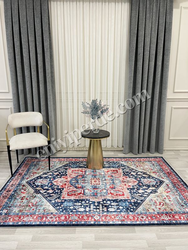 (lacivert) Kilim Motifli SAÇAKLI Klasik Kaymaz Taban Halı Fiyatları, Özellikleri ve Yorumları - 1