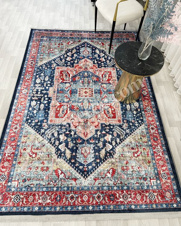 (lacivert) Kilim Motifli SAÇAKLI Klasik Kaymaz Taban Halı Fiyatları, Özellikleri ve Yorumları - 3
