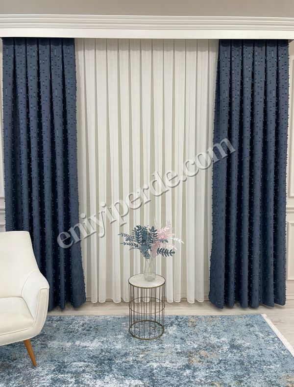 (mavi) İndigo Mavi Renk Ponponlu Pufy Fon Perde 1/3 SIK Pile Fiyatları, Özellikleri ve Yorumları - 5