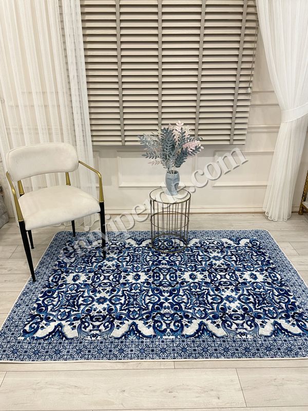 (lacivert) Lacivert-Gri  Blue Blanc Modern Lateks Kaymaz Taban Halı Fiyatları, Özellikleri ve Yorumları - 1