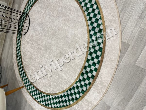 (bej-oval) Bej Yeşil Damalı Kaymaz Taban Halı Fiyatları, Özellikleri ve Yorumları - 4