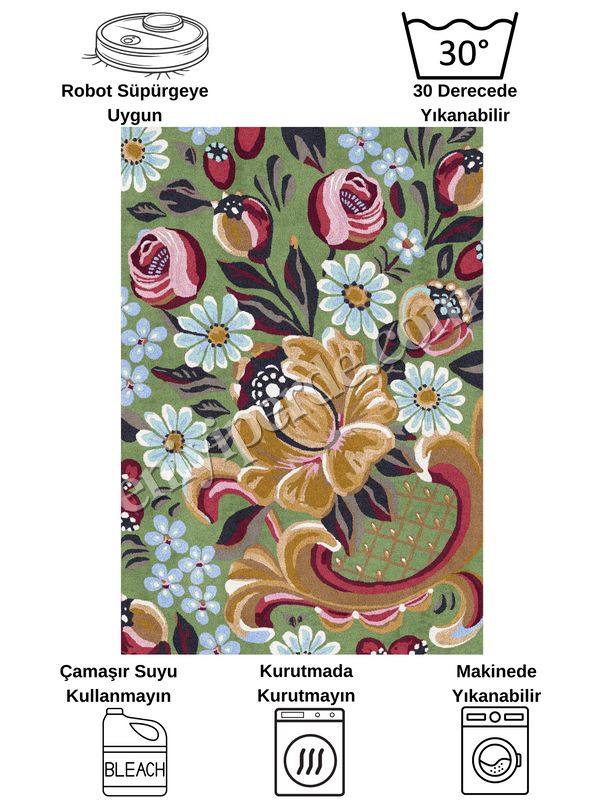 (yesil) Yeşil Çiçek Desenli Floral Lateks Taban Halı Fiyatları, Özellikleri ve Yorumları - 8