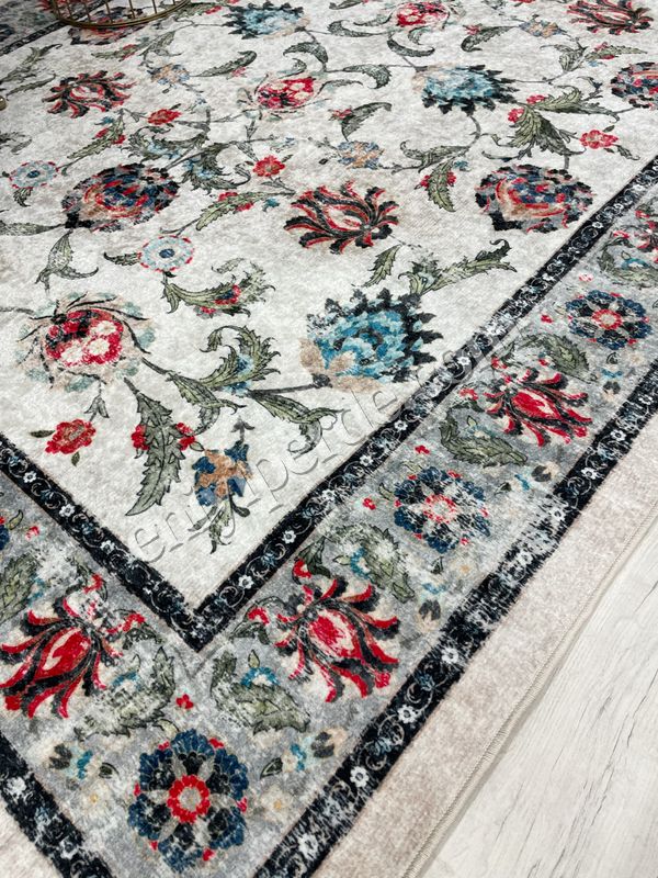 (bej) BEJ-GRİ  Geleneksel Eskitme Motifli SAÇAKLI Klasik Kaymaz Taban Halı Fiyatları, Özellikleri ve Yorumları - 4