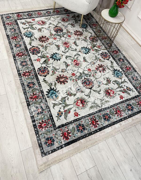 (bej) BEJ-GRİ  Geleneksel Eskitme Motifli SAÇAKLI Klasik Kaymaz Taban Halı Fiyatları, Özellikleri ve Yorumları - 5