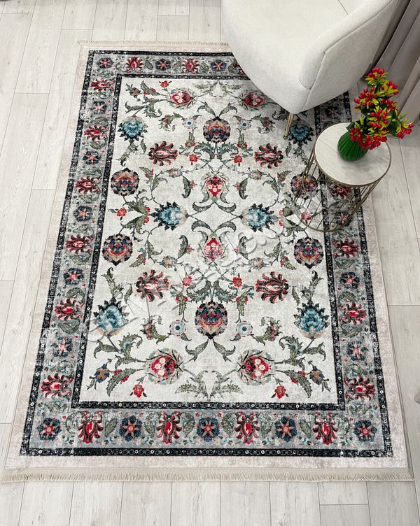 (bej) BEJ-GRİ  Geleneksel Eskitme Motifli SAÇAKLI Klasik Kaymaz Taban Halı Fiyatları, Özellikleri ve Yorumları - 6