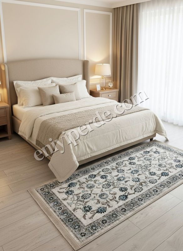 (cok-renkli) BEJ-MAVİ Geleneksel Eskitme Motifli SAÇAKLI Klasik Kaymaz Taban Halı Fiyatları, Özellikleri ve Yorumları - 4