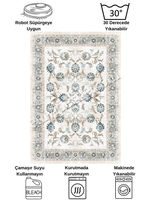 (cok-renkli) BEJ-MAVİ Geleneksel Eskitme Motifli SAÇAKLI Klasik Kaymaz Taban Halı Fiyatları, Özellikleri ve Yorumları - 8