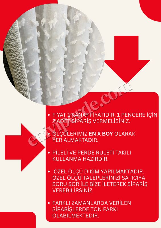 (ekru) Ekru-Kırık Beyaz- 1/3 SIK Pile - Ponpon Pufy Keten Görünümlü Tül Perde Fiyatları, Özellikleri ve Yorumları - 5
