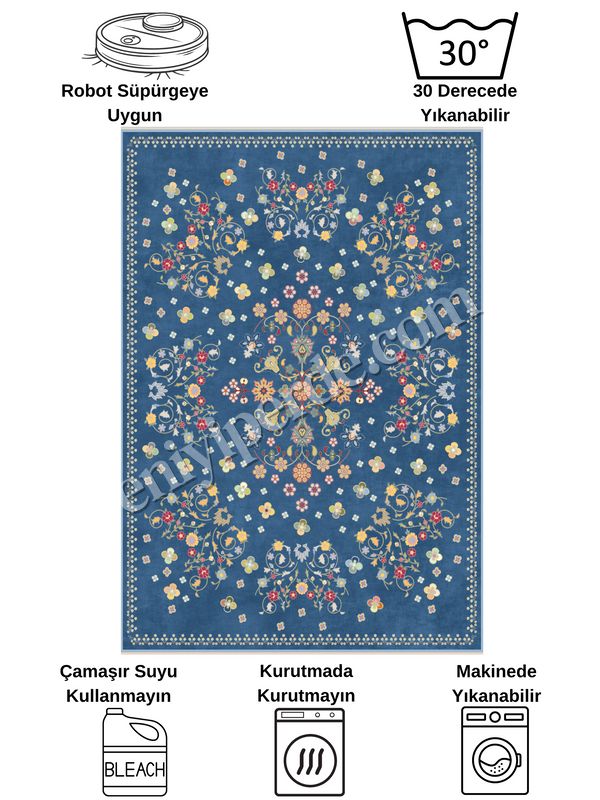 (lacivert) LACİVERT Blue Floral Vintage Lateks Taban Halı Fiyatları, Özellikleri ve Yorumları - 7