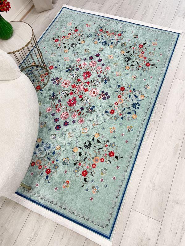 (su-yesili) Yeşil Renk Çiçek Desenli Vintage Lateks Taban Halı Fiyatları, Özellikleri ve Yorumları - 2