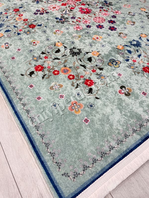 (su-yesili) Yeşil Renk Çiçek Desenli Vintage Lateks Taban Halı Fiyatları, Özellikleri ve Yorumları - 3