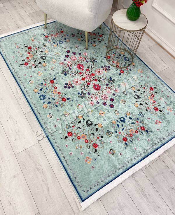 (su-yesili) Yeşil Renk Çiçek Desenli Vintage Lateks Taban Halı Fiyatları, Özellikleri ve Yorumları - 4