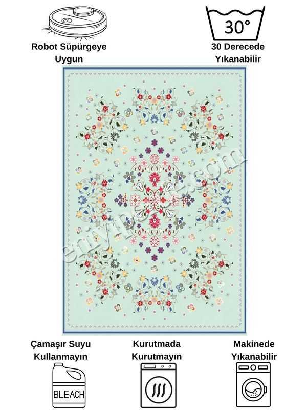 (su-yesili) Yeşil Renk Çiçek Desenli Vintage Lateks Taban Halı Fiyatları, Özellikleri ve Yorumları - 6