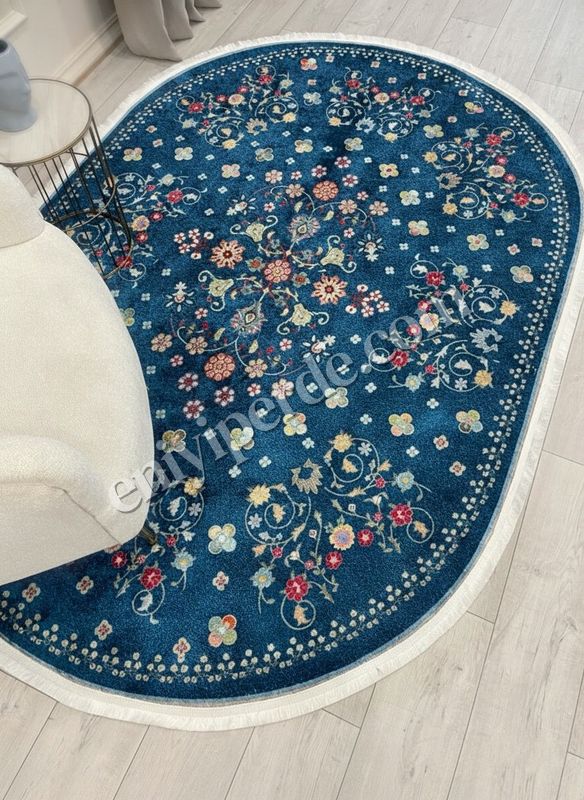 (lacivertyuvarlak) LACİVERT Blue Floral Vintage Lateks Taban Halı Fiyatları, Özellikleri ve Yorumları - 2